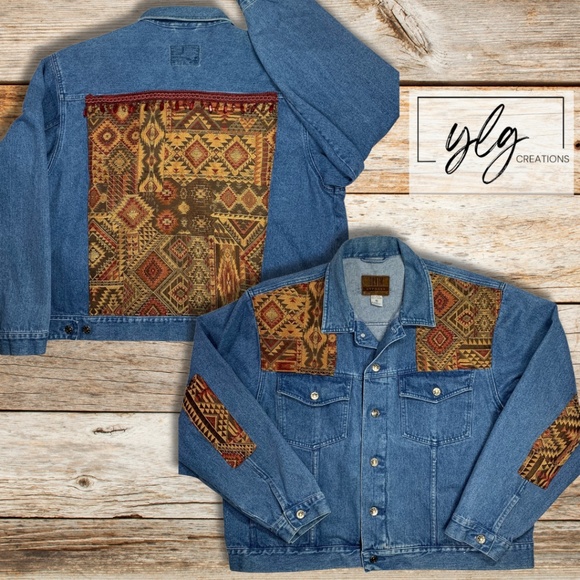 Denim Jacket Trucker Southwest Tapestry Burgundy Beads Patched Womens XL Express - Picture 1 of 13